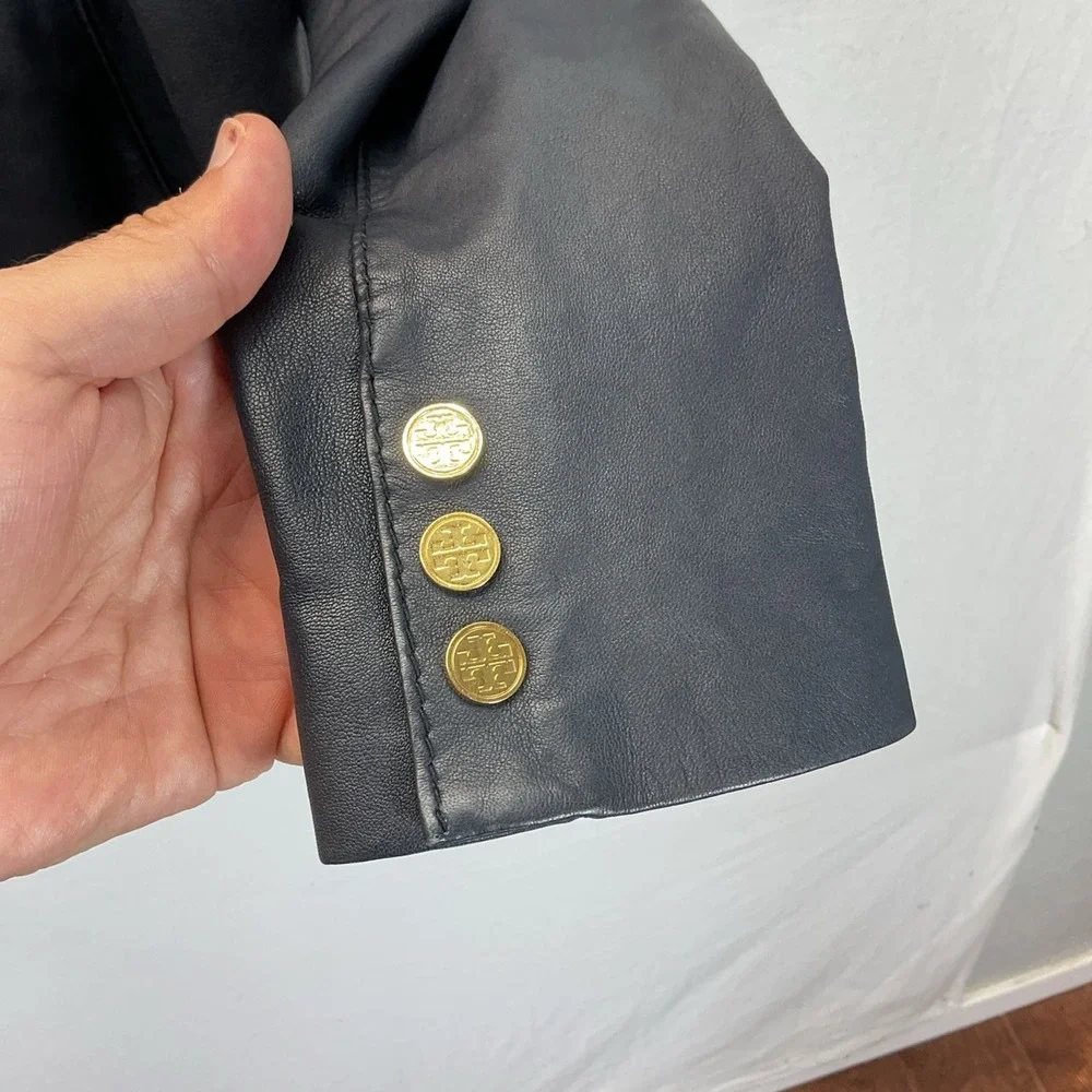 TORY BURCH‎ Blue Leather Short Moto Jacket Blue Leather Gold Buttons Sz 8 Soft